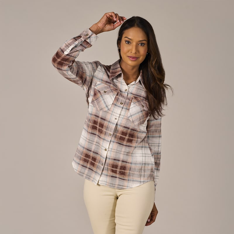 Natural Reflections Acid Wash Plaid Button-Down 2-Pocket Long-Sleeve Shirt