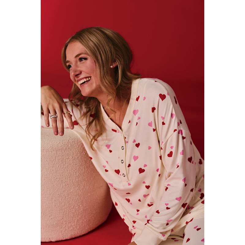 Natural Reflections Heart Print Long-Sleeve Henley Sleep Shirt