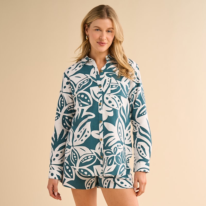 Natural Reflections Tropical Print Button-Down Long-Sleeve Shirt
