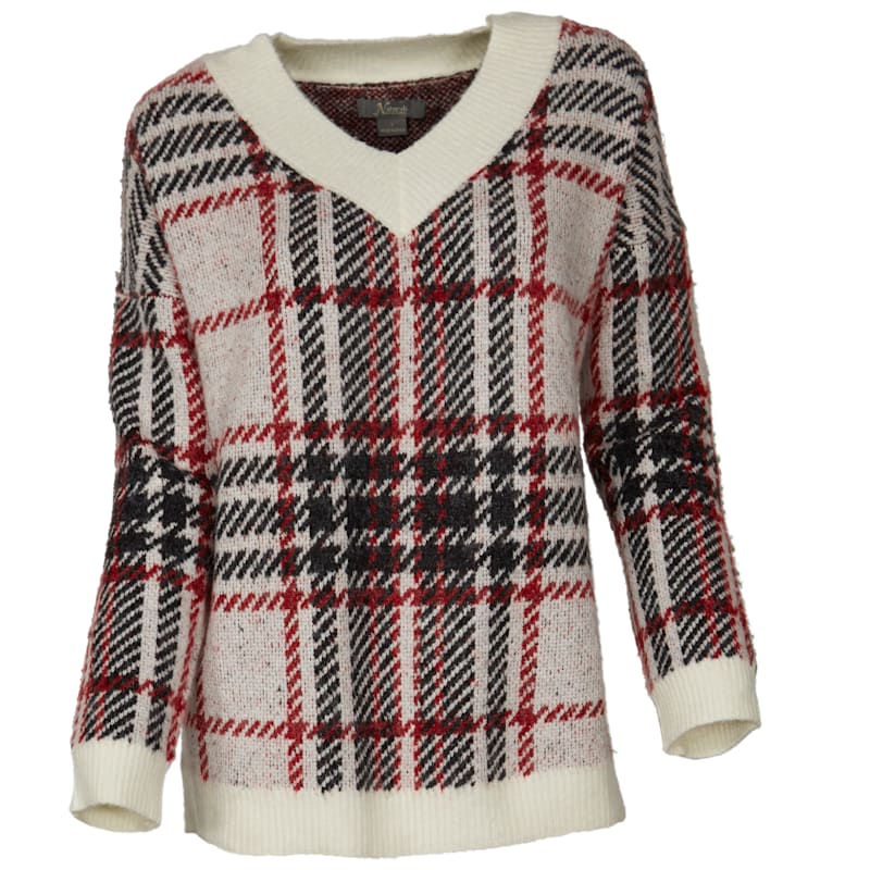 Natural Reflections Woodsman Plaid V-Neck Long-Sleeve Sweater
