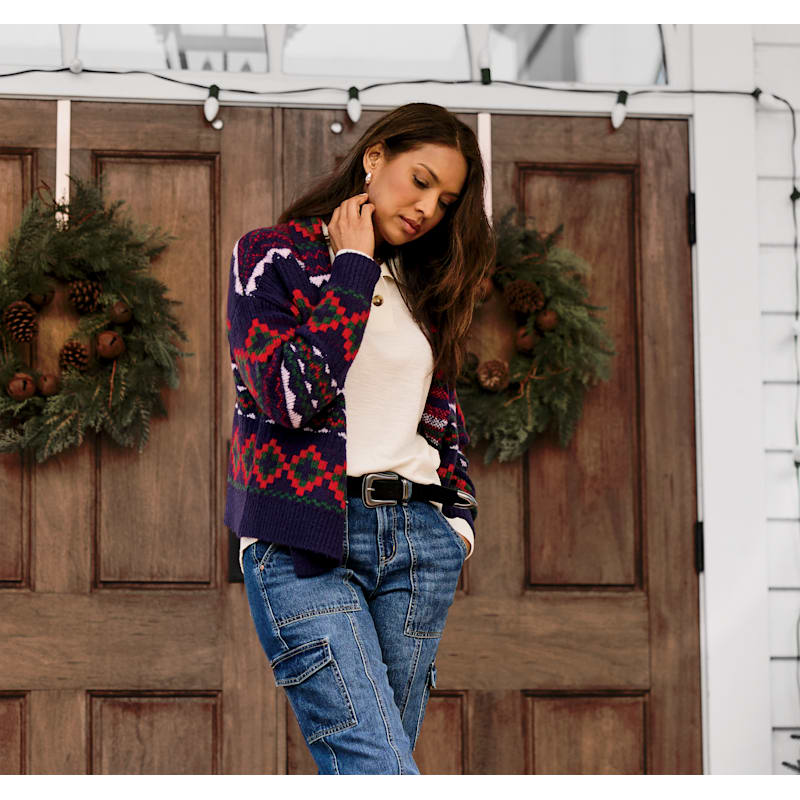 Natural Reflections Fair Isle Cropped Long-Sleeve Cardigan