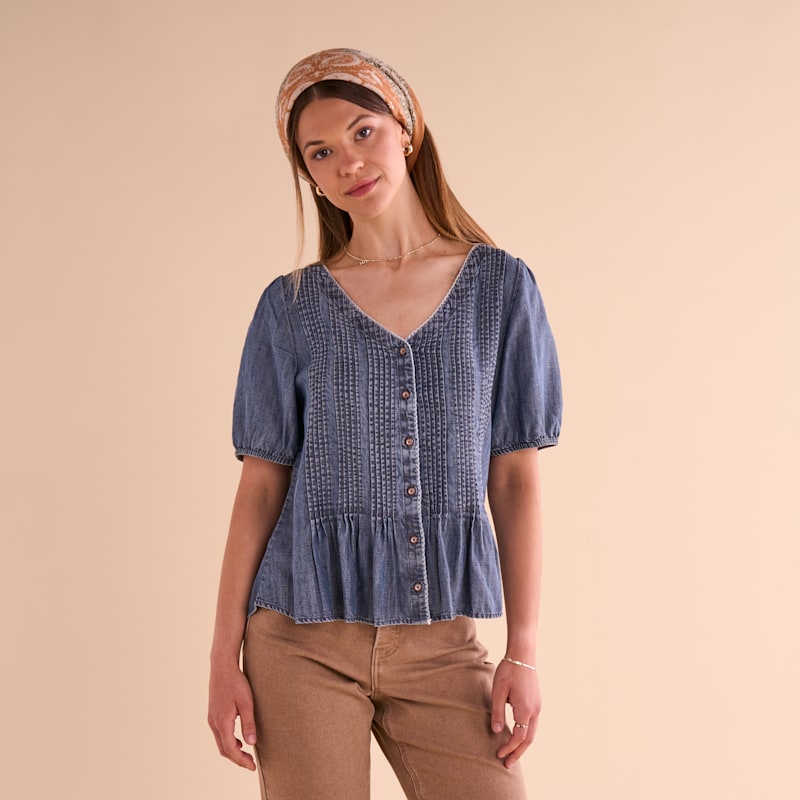Natural Reflections Chambray Button-Down Short-Sleeve Peplum Blouse