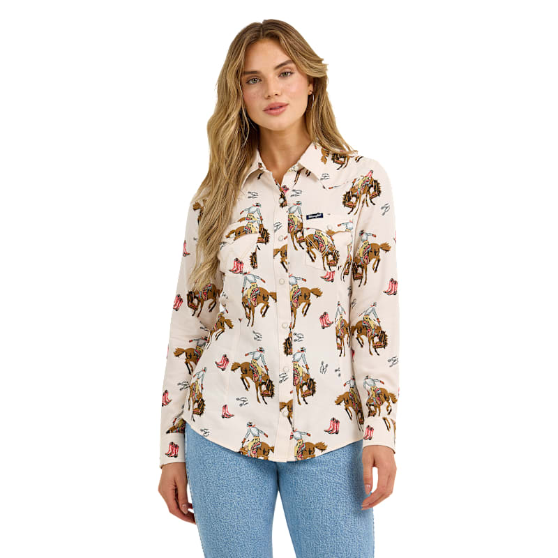 Wrangler Retro Bold Bucking Cowboy Western Snap Shirt for Ladies