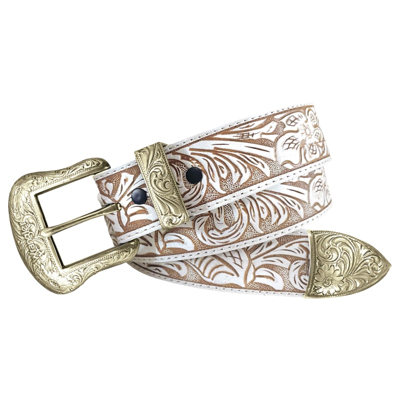 Wrangler Foral Embossed Leather Belt with Brass-Finish Buckle Set