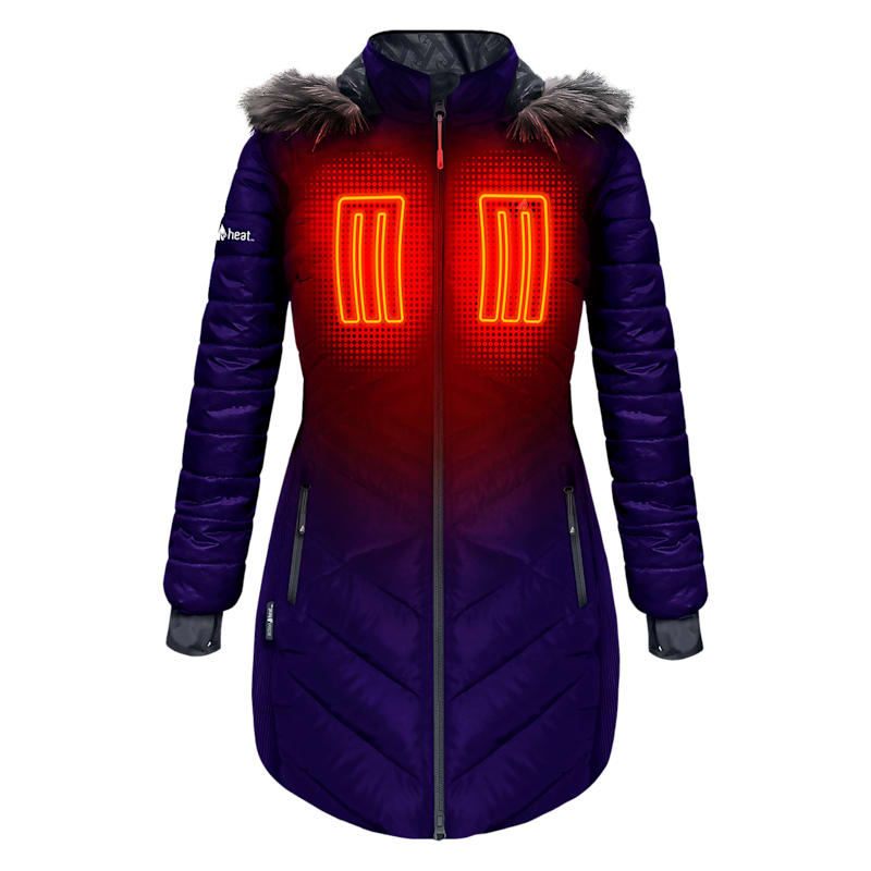 ActionHeat 5V Heated Long Puffer Jacket with Hood for Ladies