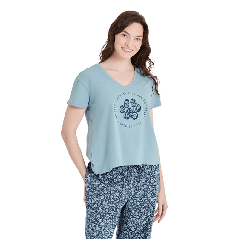 Life is Good Snuggle Up Best Things Floral Paw V-Neck Short-Sleeve Sleep T-Shirt