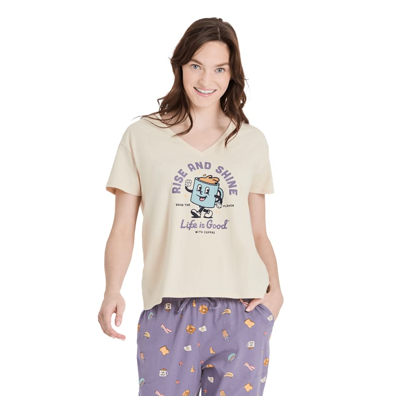 Life is Good Snuggle Up Rise and Shine V-Neck Short-Sleeve Sleep T-Shirt