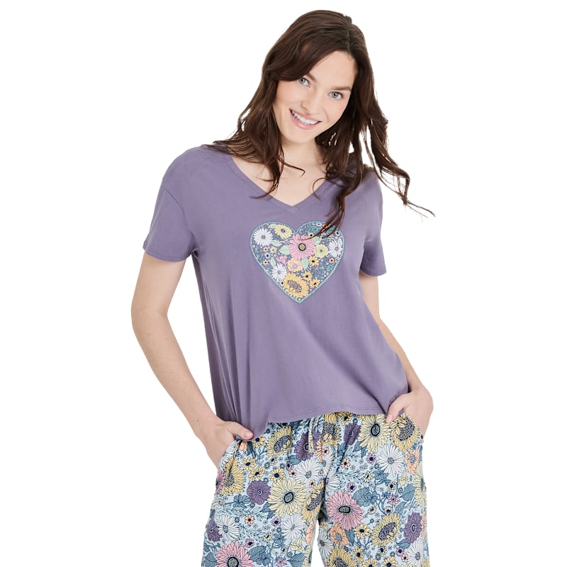 Life is Good Snuggle Up Flowerful Love V-Neck Short-Sleeve Sleep T-Shirt