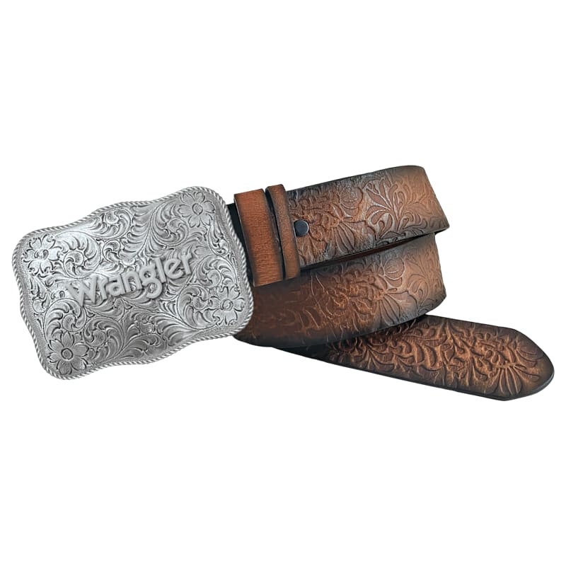 Wrangler Burnished-Edge Floral Embossed Bridle Leather Belt