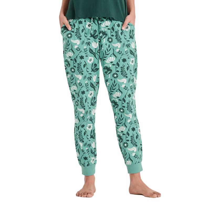 Life is Good Woodblock Floral and Bird Pattern Snuggle Up Sleep Joggers