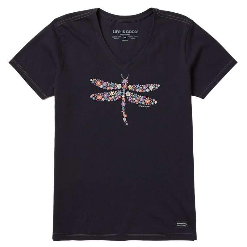 Life is Good Dragonfly Flowers Crusher V-Neck Short-Sleeve T-Shirt for Ladies