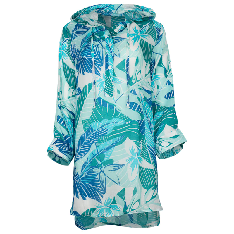Bella Beach Blue Tropical Hooded Long-Sleeve Swimsuit Cover-Up