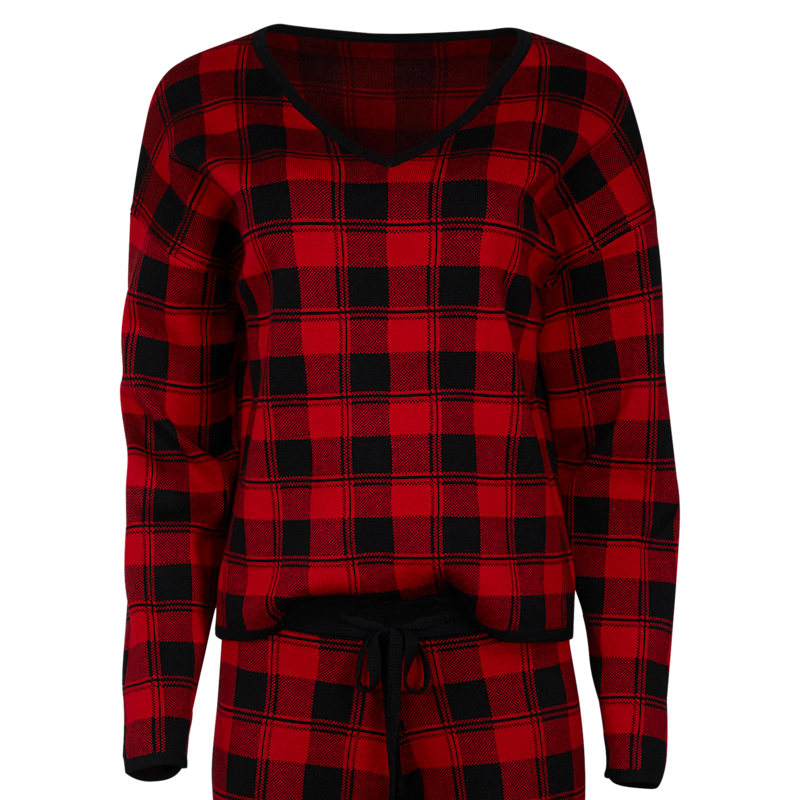 Natural Reflections V-Neck Buffalo Plaid Knit Lounge Sweater