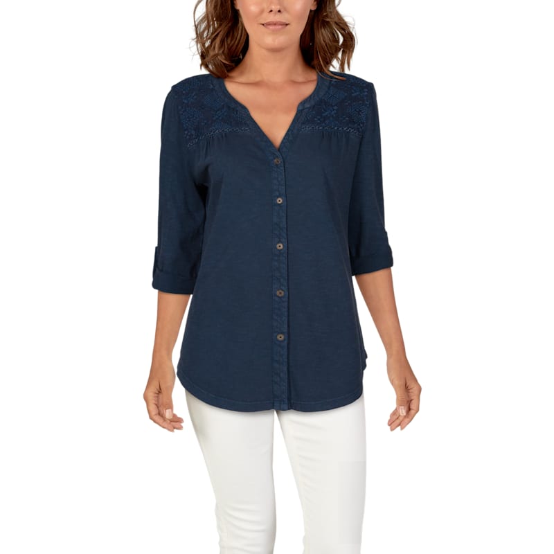 Bob Timberlake Garment-Washed Embroidered Three-Quarter-Sleeve Top for Ladies