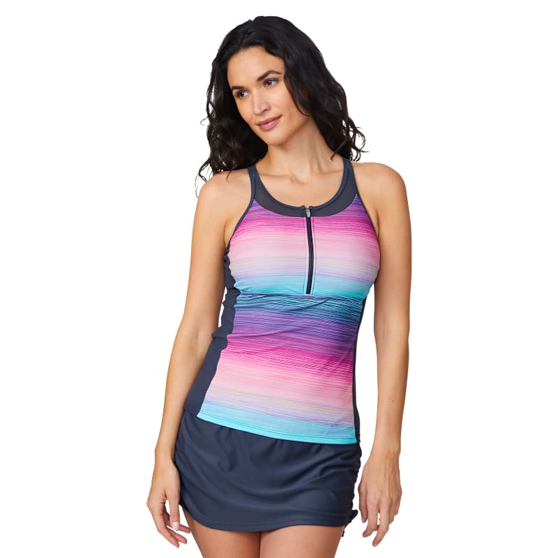 Free Country Cerise Sunset Mesh Zip-Up Racerback Swim Top for Ladies