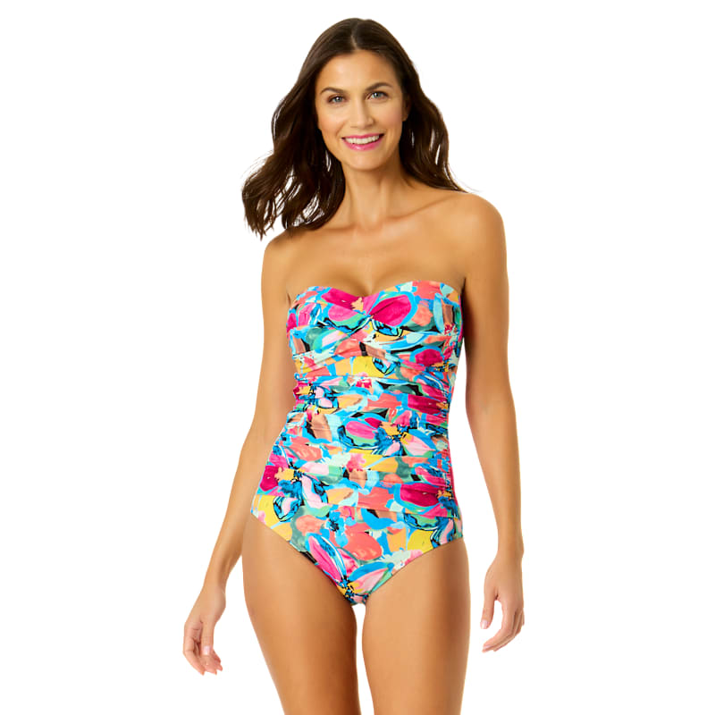 Anne Cole Amalfi Floral Twist-Front Shirred Bandeau 1-Piece Swimsuit for Ladies