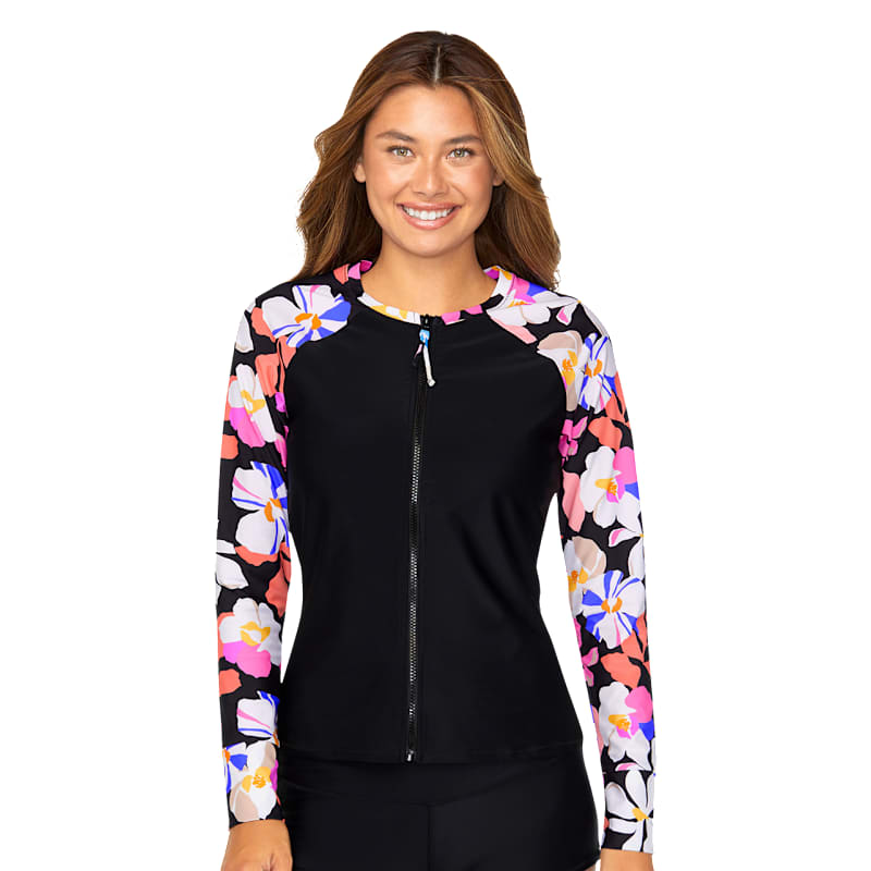 Raisins Sun's Out Front-Zip Rashguard Long-Sleeve Swim Top