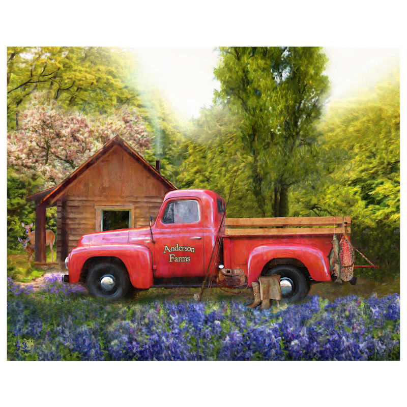 Nostalgic Red Truck Fishing Personalized Block Mount Artwork by Scott Kennedy