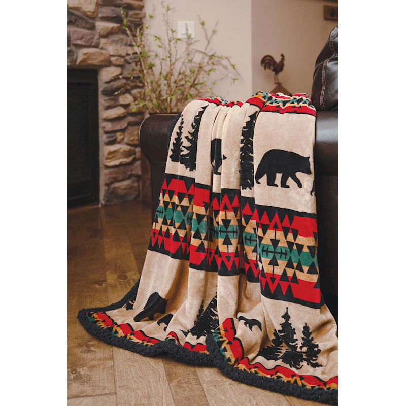 Carstens, Inc. Bear Trail with Black Sherpa Plush Throw Blanket