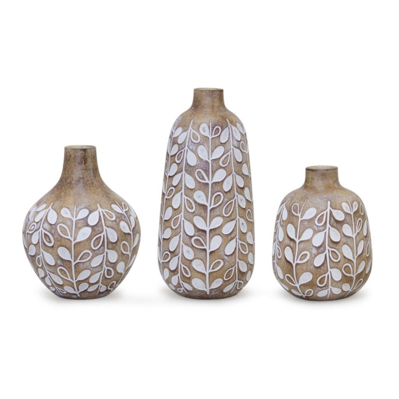 Melrose International Leaf Print Vase with Wood Design Set of 3