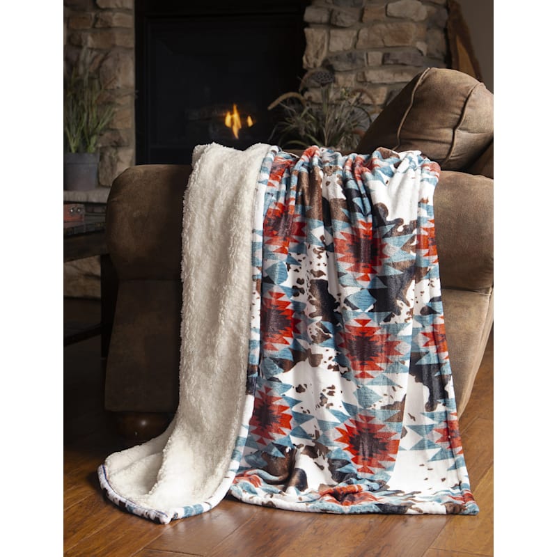 Carstens, Inc. Wrangler Southwest Cowhide Plush Sherpa Throw