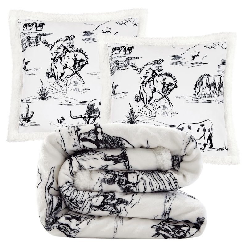 HiEnd Accents Ranch Life Western Toile Campfire Sherpa Throw Set