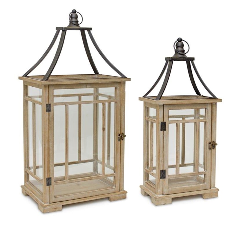 Melrose International Tan Wood Lantern with Metal Top 2-Pack