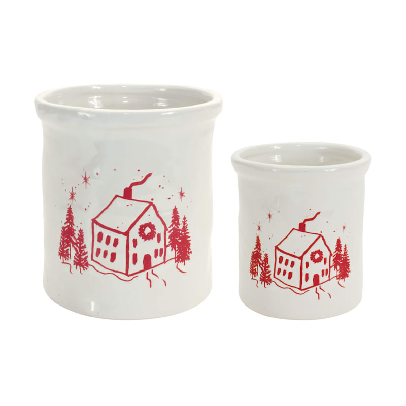 Melrose International Clay Crocks with House Scene Set of 4
