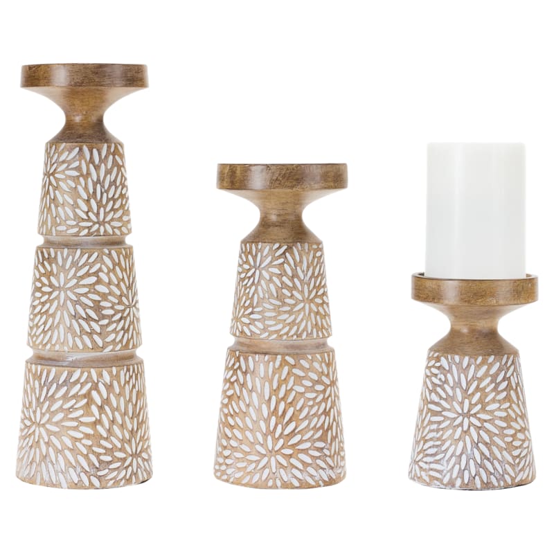 Melrose International Etched Wood-Grain Design Candle Holders Set of 3