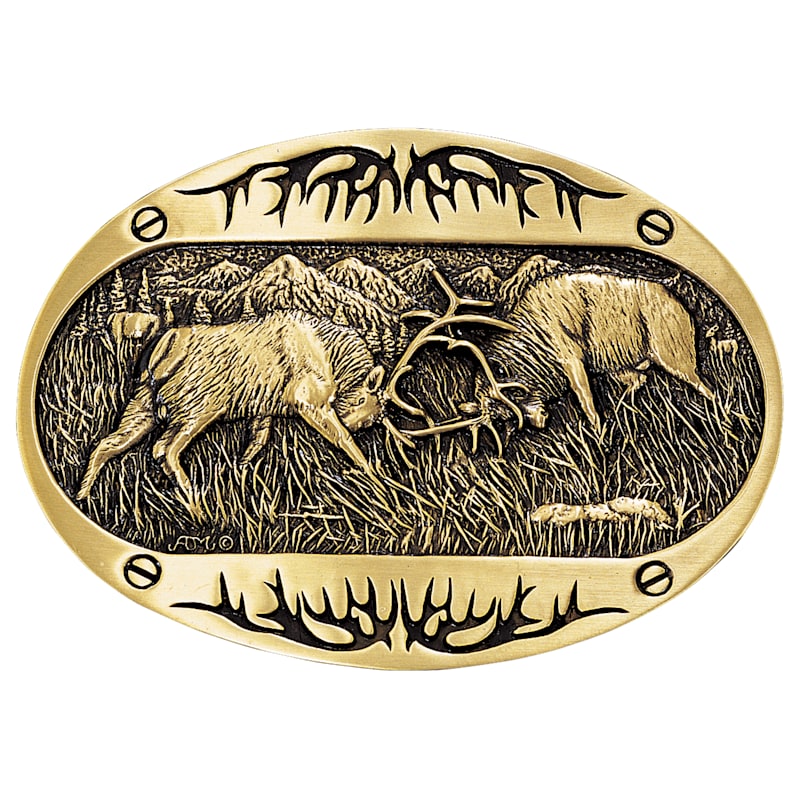 Montana Silversmiths Fighting Elk Brass Heritage Attitude Belt Buckle