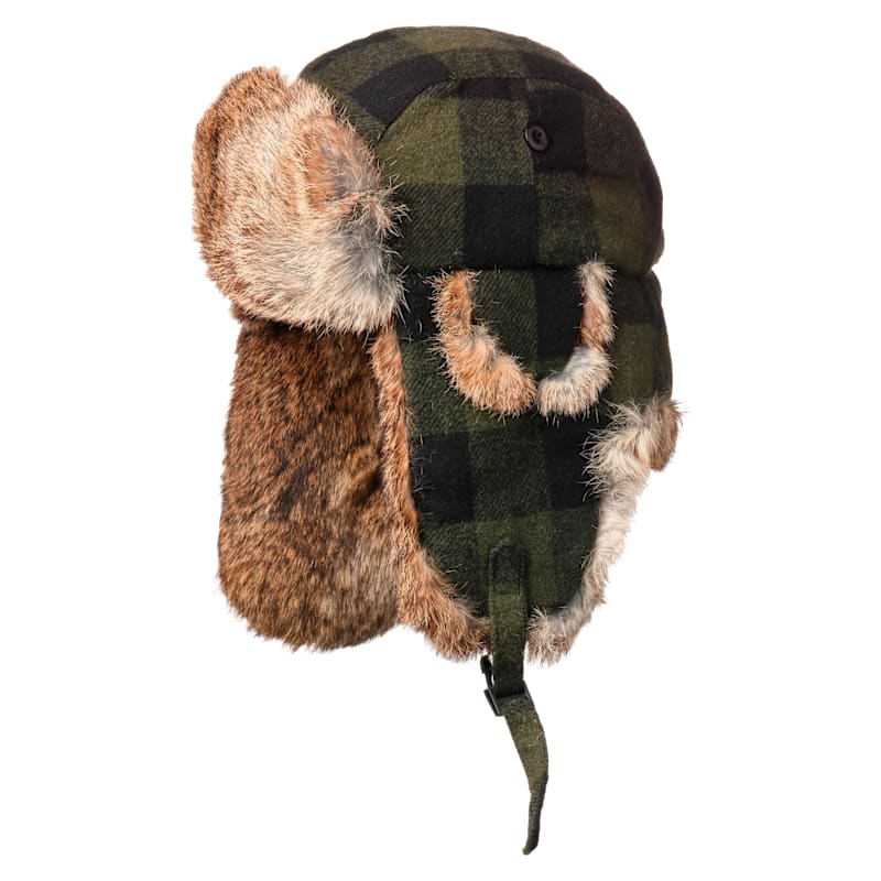 Crown Cap Buffalo Check Rabbit-Trimmed Aviator Hat