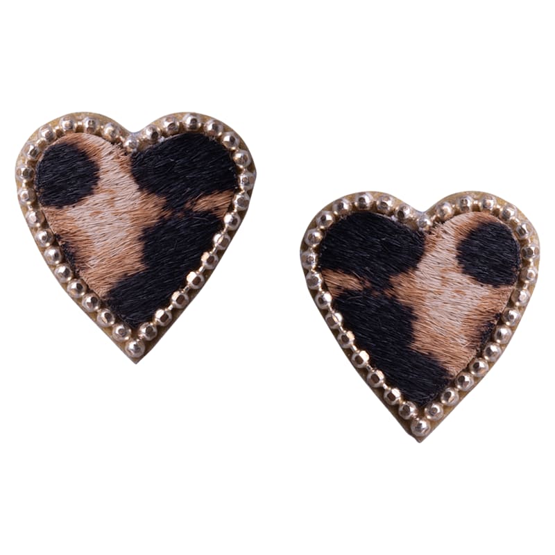 Amanda Blu Leather Leopard Heart Stud Earrings