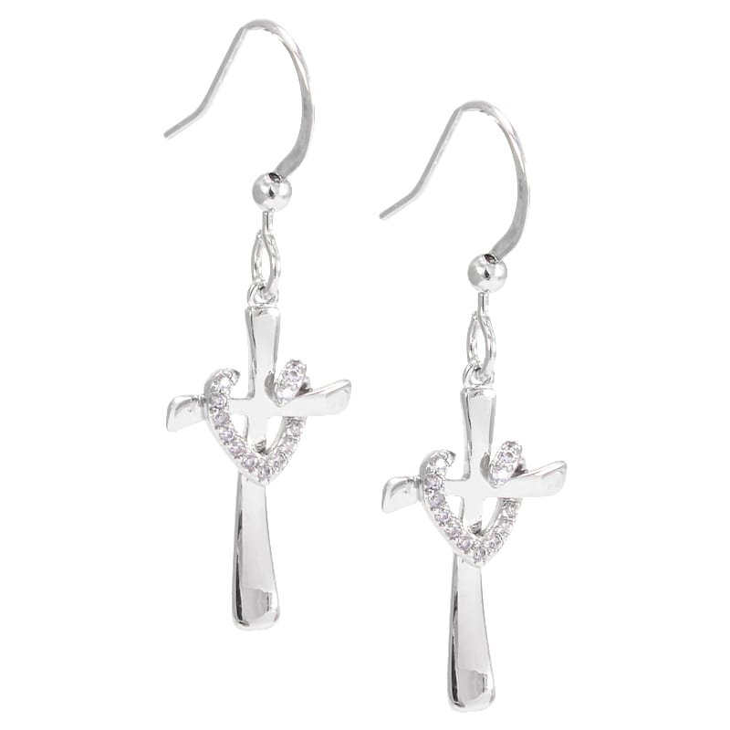 Amanda Blu Cross Heart Silver and Cubic Zirconia Dangling Earrings