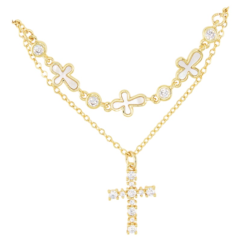 Amanda Blu CZ and Mother Of Pearl Cross Layered Gold Necklace