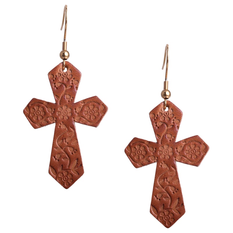 Amanda Blu Brown Floral Cross Leather Earrings