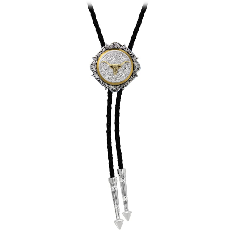 Montana Silversmiths Silver and Gold Engraved Button Bolo Tie