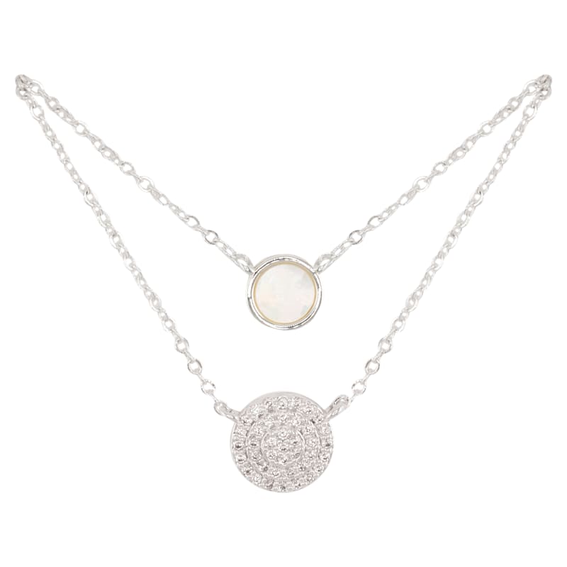 Amanda Blu CZ and Mother of Pearl Circle Layered Silver Necklace