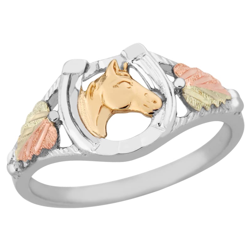Mt. Rushmore Black Hills Gold and Sterling Silver Horse and Horseshoe Ring for Ladies