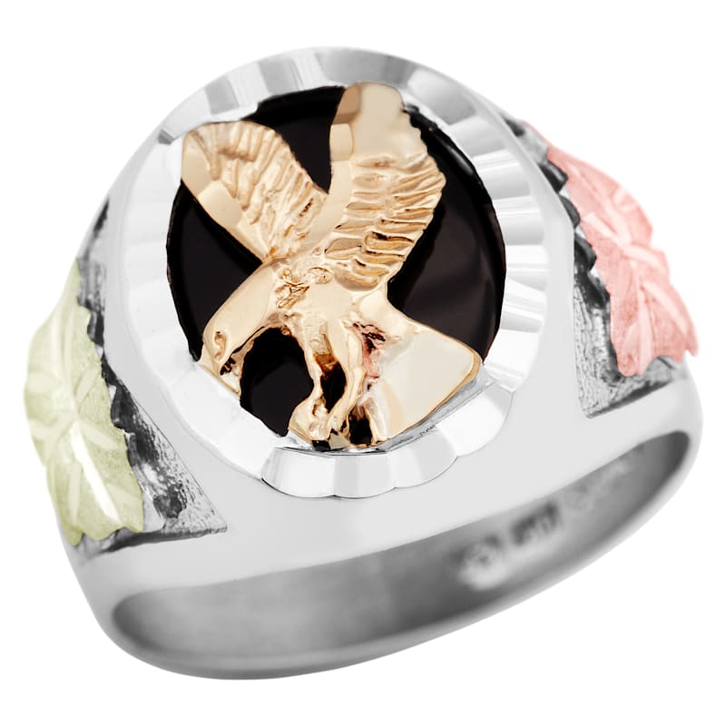 Landstrom's Black Hills Gold on Sterling Silver Landing Eagle Onyx Ring for Men