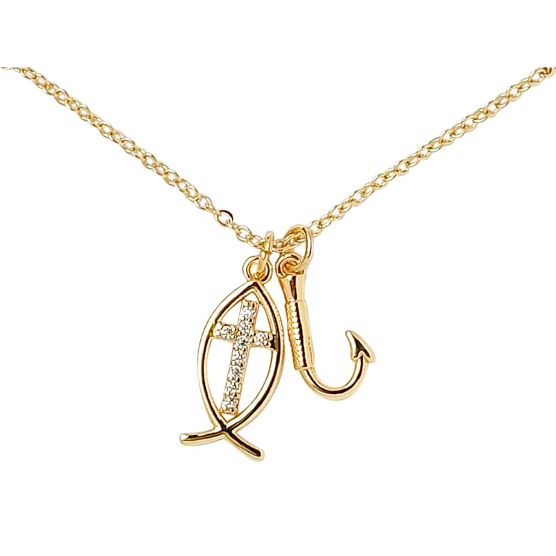 Amanda Blu Shepherd's Cross and Fishhook Duo Cubic Zirconia Gold Necklace