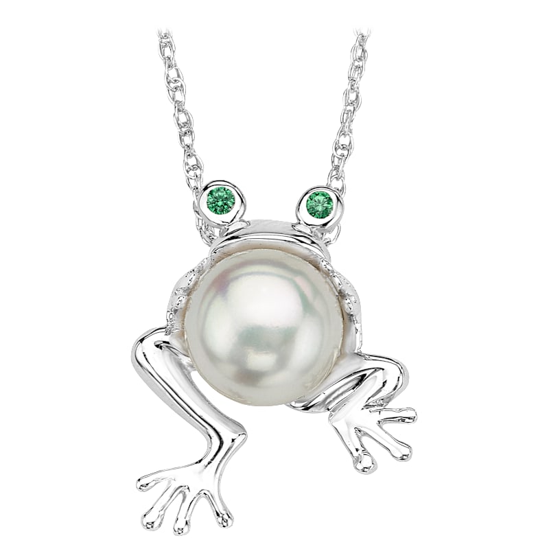 TR Jewelry Concepts Silver Elegance Pearl Frog with Green Cubic Zirconia Eyes Pendant Sterling Silver Necklace