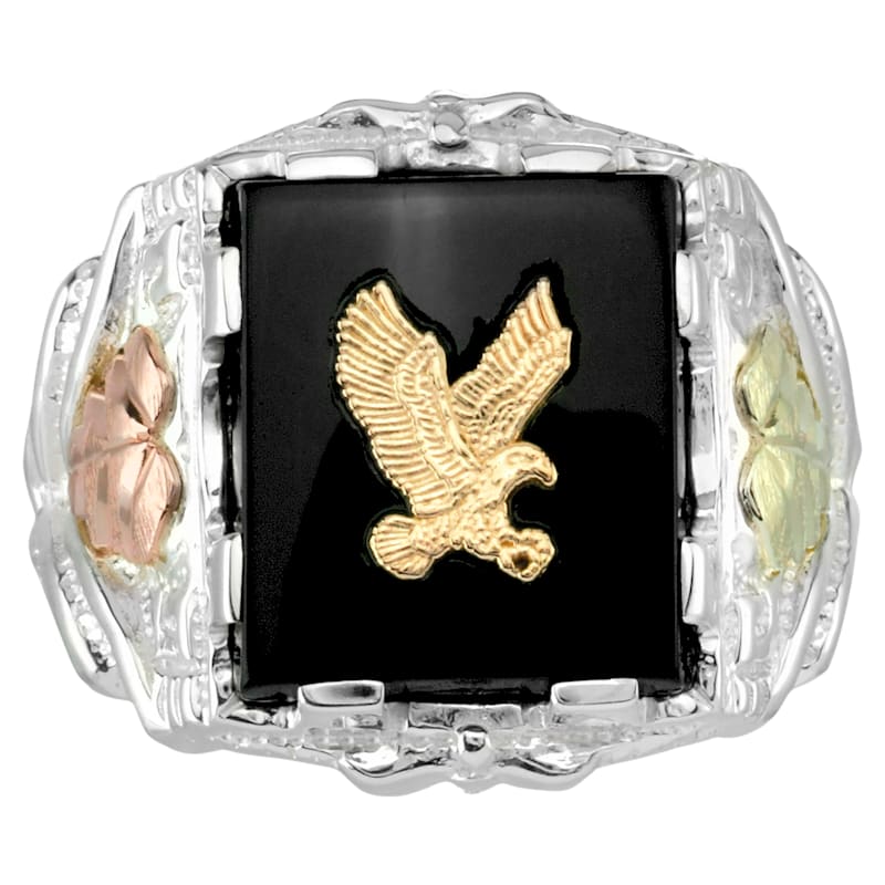 Black Hills Gold Eagle Rectangular Onyx Gold on Sterling Silver Ring for Men