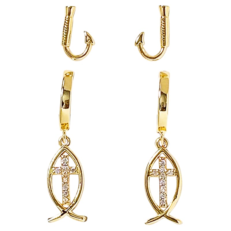 Amanda Blu Gold Cubic Zirconia Cross and Fishhook Earring Set