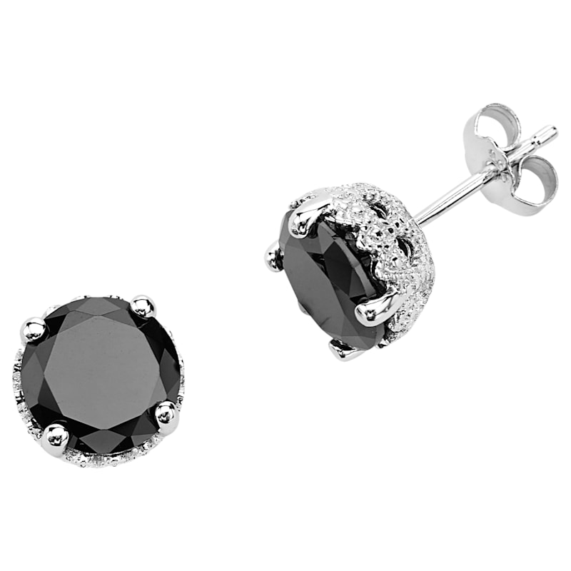 TR Jewelry Concepts Silver Elegance 8mm Round Black Cubic Zirconia Sterling Silver Post Earrings
