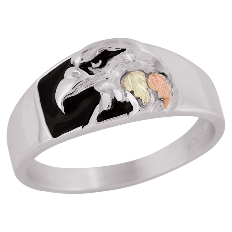 Mt. Rushmore Black Hills Gold Antiqued Silver Eagle Head Ring for Men