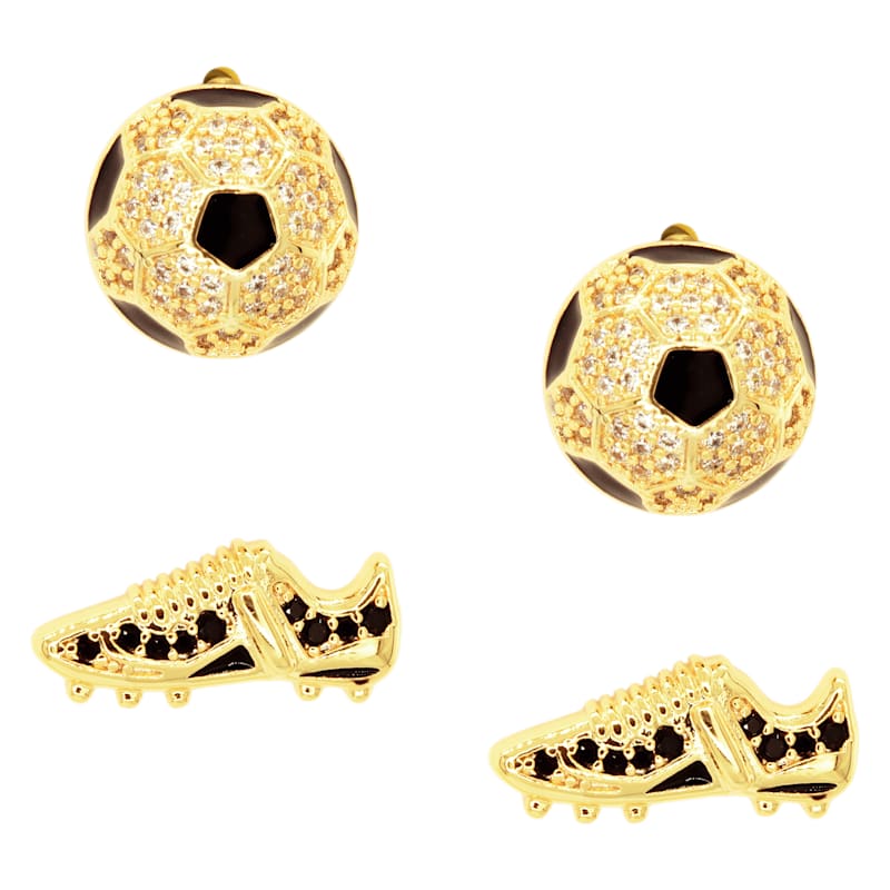 Amanda Blu Gold Soccer Ball and Cleats Cubic Zirconia Earrings 2-Pair Set