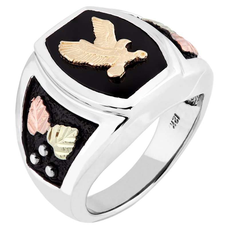 Black Hills Gold Eagle on Sterling Silver Onyx Ring for Men