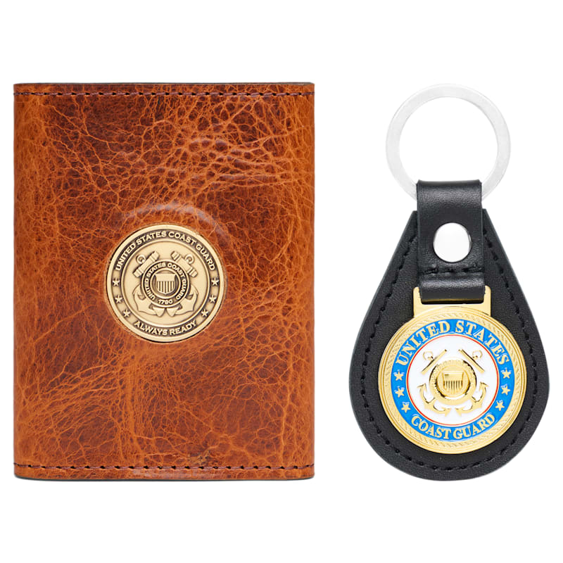 Bass Pro Shops US Coast Guard Leather Wallet and Keychain Gift Set