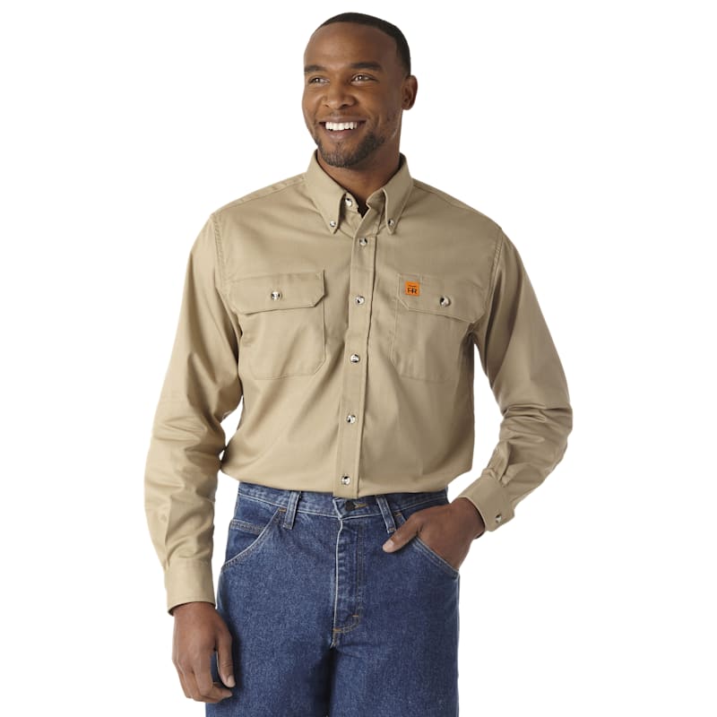 Wrangler Riggs Workwear FR Flame-Resistant Long-Sleeve Button-Down Shirt with 2 Flap Pockets for Men