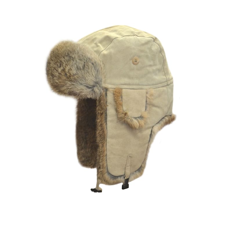 Crown Cap Split Suede Aviator Hat with Rabbit Trim